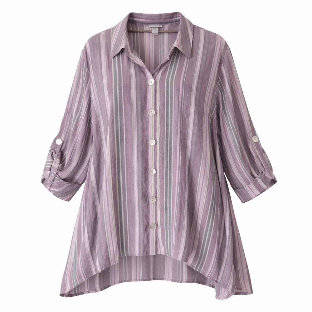 Catherines 3X Purple Striped Roll Tab Sleeve Button Front Tunic Top Blouse New